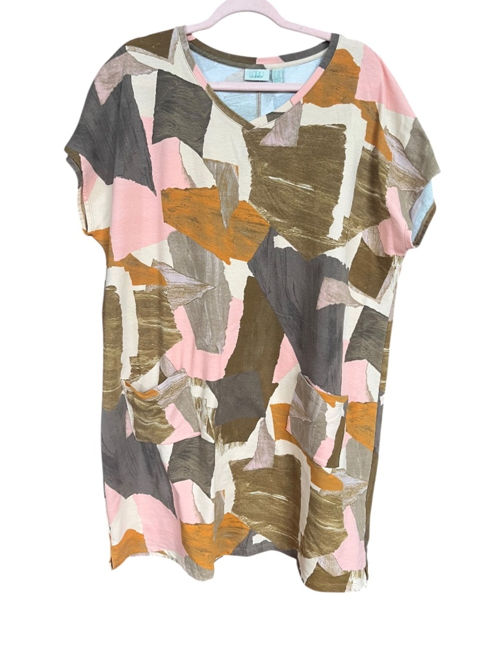 LOGO Lounge Brown & Pink Earthtone Abstract Short Sleeve V-Neck Dress SZ 1X